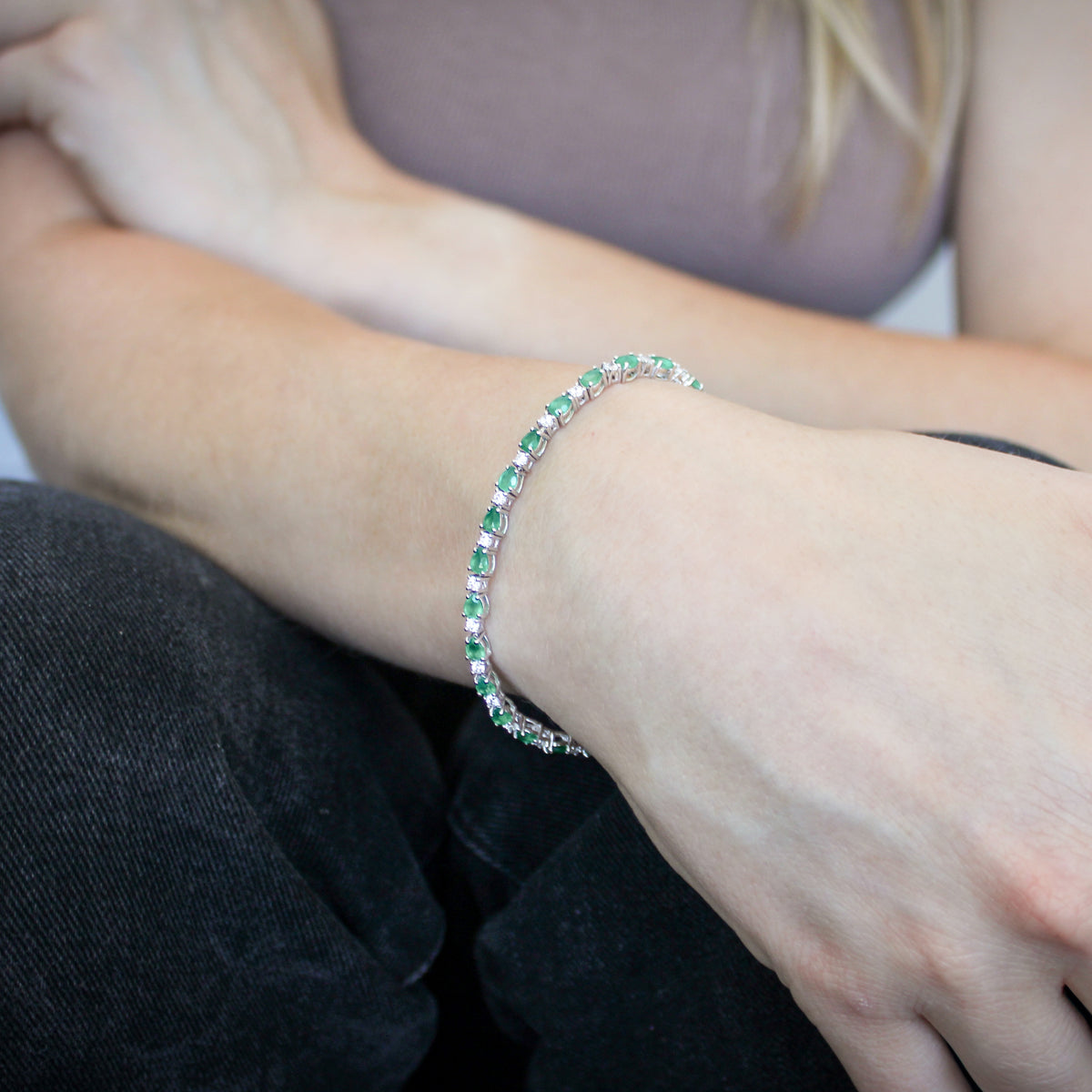 Victorian Court Bracelet in sterling silver worn on model wrist, alternating green onyx and white CZ tennis bracelet, Ether Jewelry