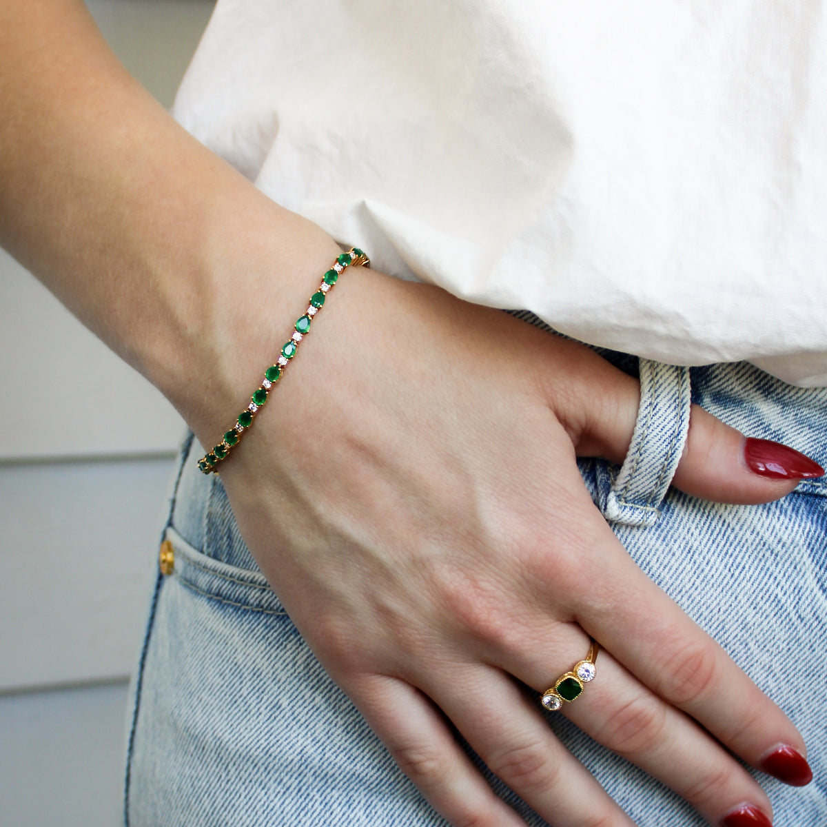18k gold vermeil Victorian Court Bracelet styled with ring on model, green onyx and white CZ tennis bracelet, Ether Jewelry