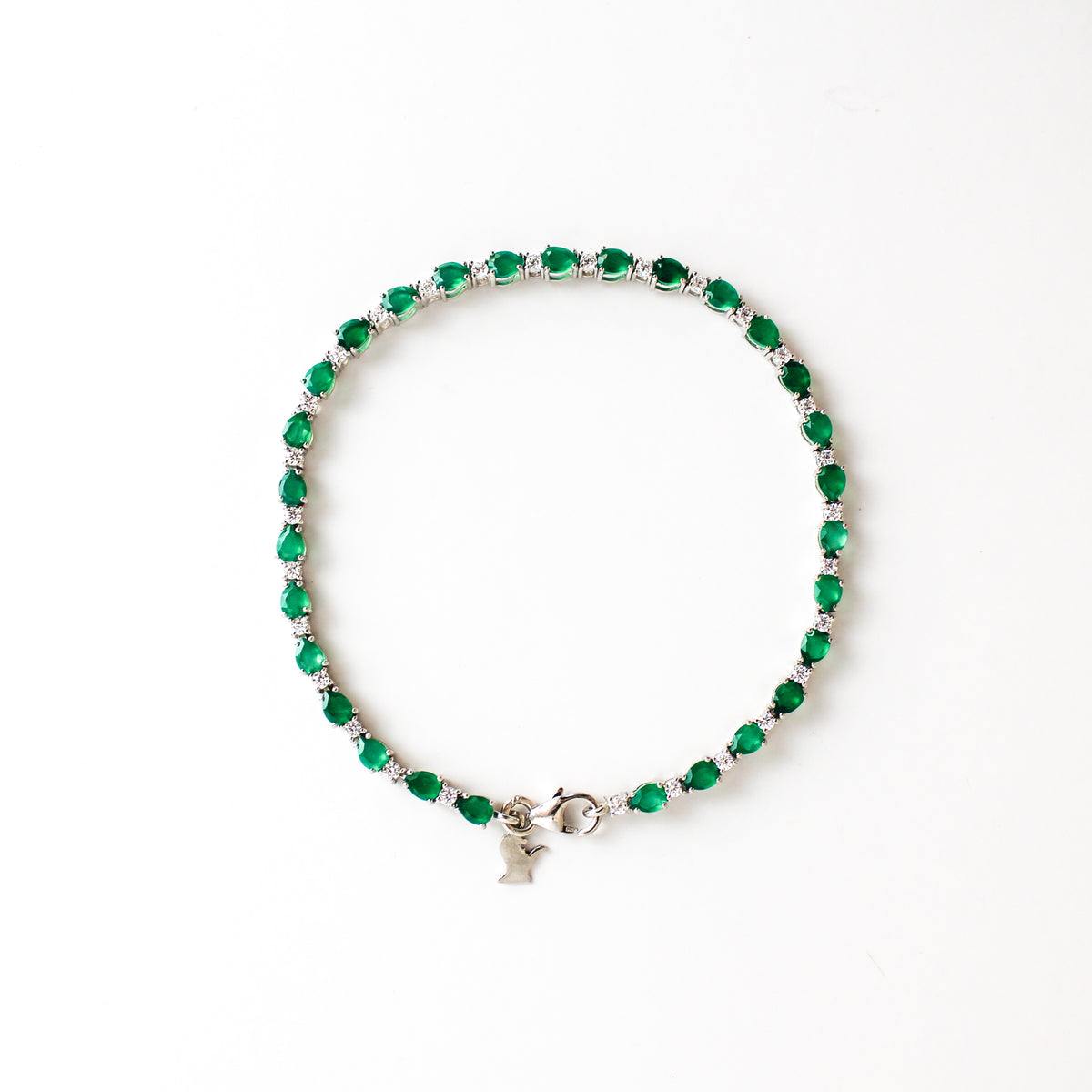 Victorian Court Bracelet in sterling silver, alternating green onyx and white CZ tennis bracelet with lobster clasp, Ether Jewelry