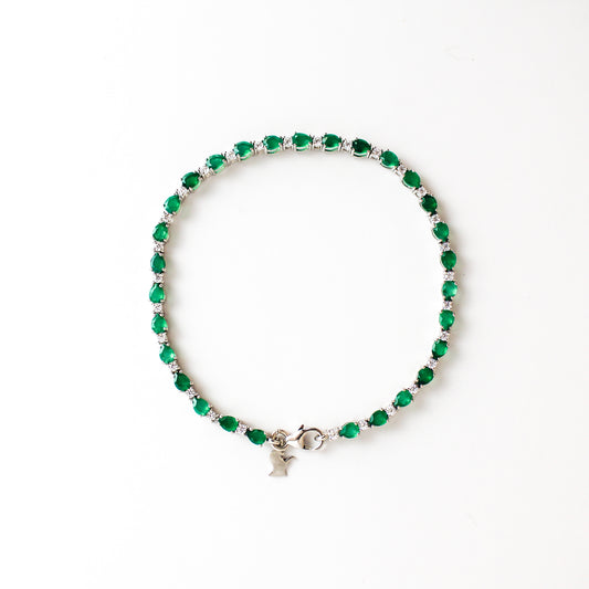 Victorian Court Bracelet in sterling silver, alternating green onyx and white CZ tennis bracelet with lobster clasp, Ether Jewelry