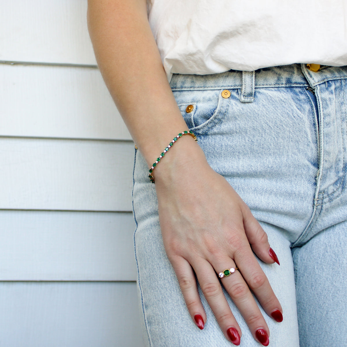 Victorian Court Bracelet in 18k gold vermeil worn on model wrist, alternating green onyx and white CZ tennis bracelet, Ether Jewelry