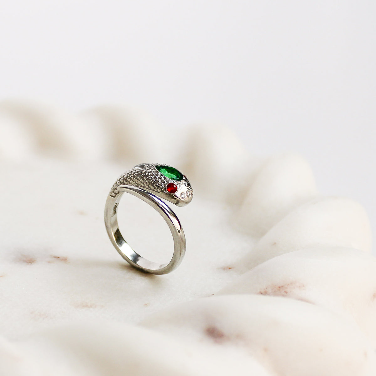 Side profile of Queen Victoria sterling silver snake ring, coiled serpent band, Ether Jewelry