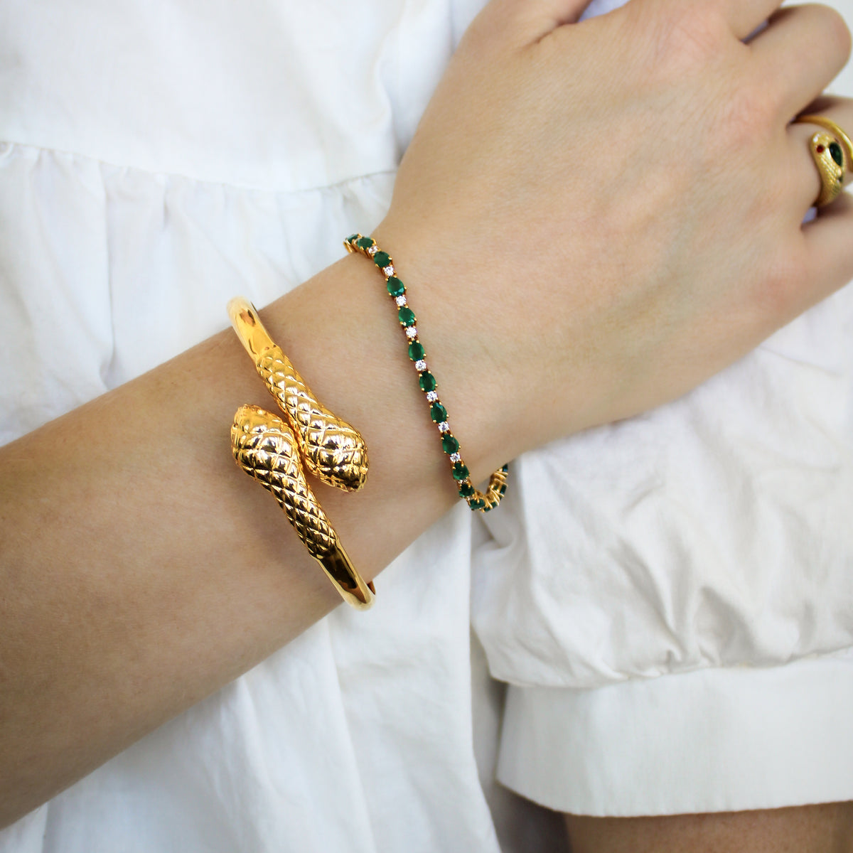 18k gold vermeil Serpentine Bracelet and Victorian Court Bracelet worn together on model, Ether Jewelry